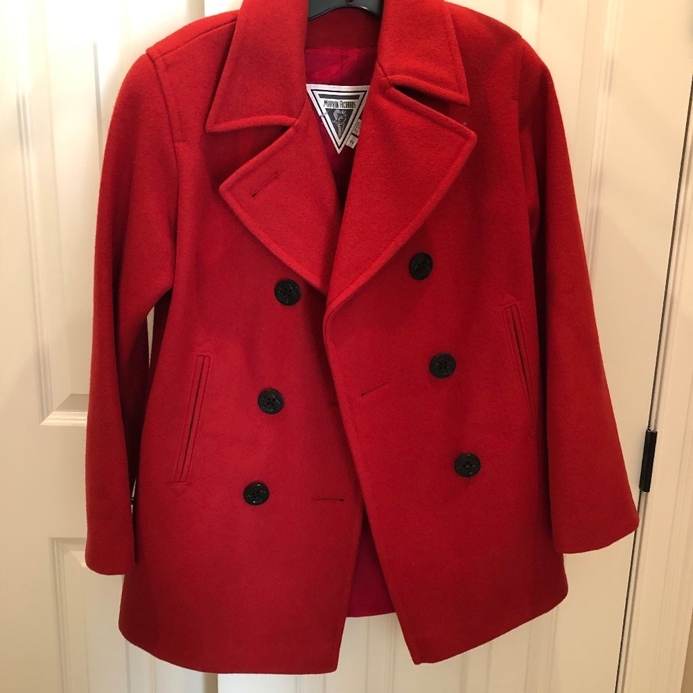 Red 75% wool pea coat with black buttons